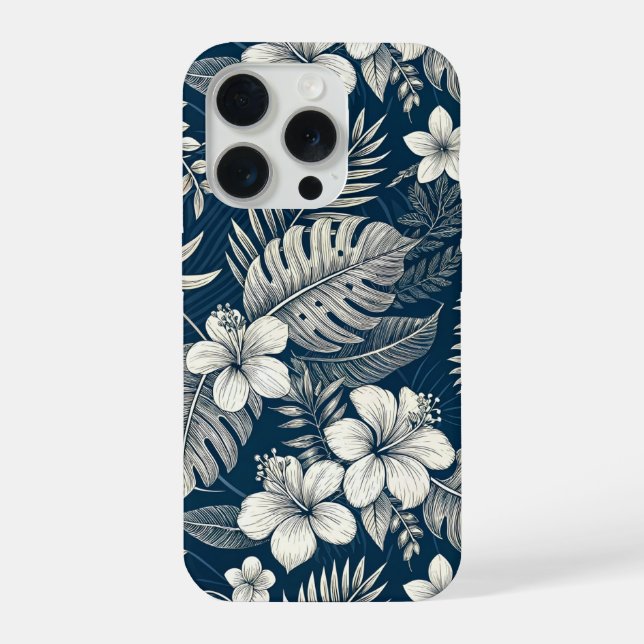 Coque iPhone Navy Blue Hibiscus Monstera Tropical Botanical (Verso)