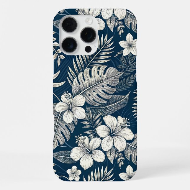 Coque iPhone Navy Blue Hibiscus Monstera Tropical Botanical (Verso)
