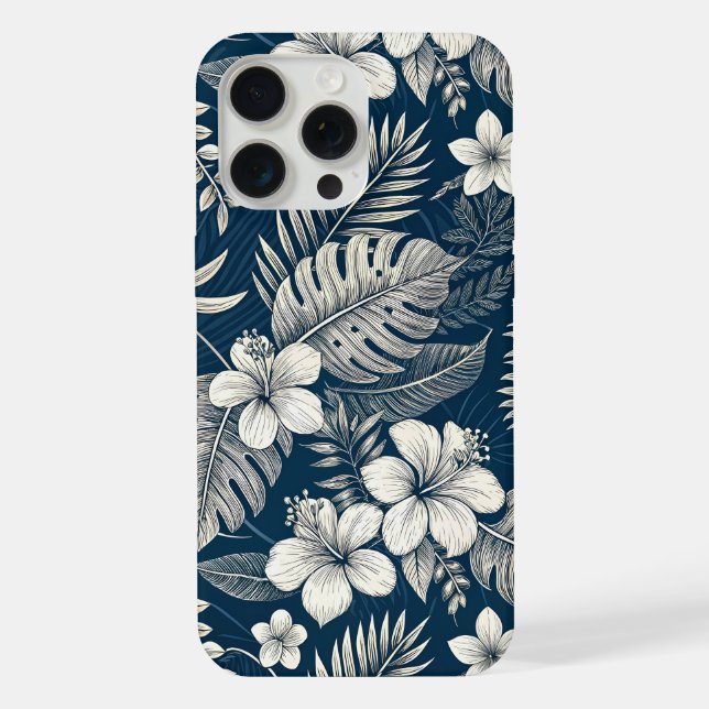 Coque iPhone Navy Blue Hibiscus Monstera Tropical Botanical (Verso)