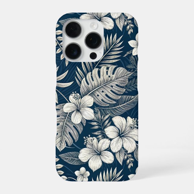 Coque iPhone Navy Blue Hibiscus Monstera Tropical Botanical (Verso)