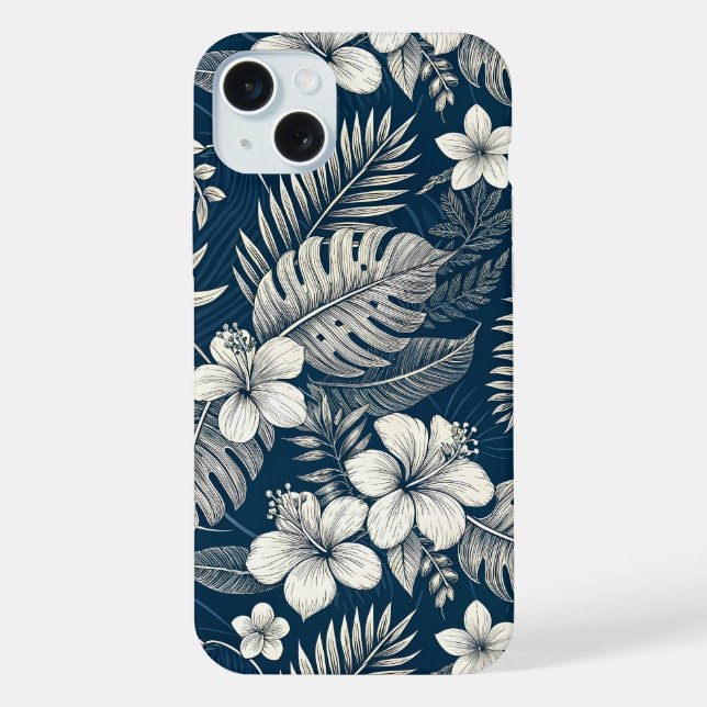 Coque iPhone Navy Blue Hibiscus Monstera Tropical Botanical (Verso)
