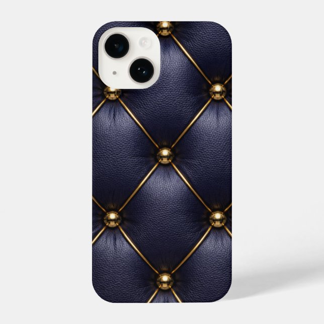 Coque iPhone Navy Blue Quilted Leather & Gold Studs Phone Case (Verso)