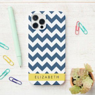 Coque iPhone 12 Pro Navy Blue Zigzag, Navy Blue Chevron, Votre nom