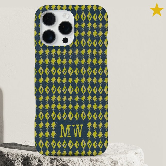 Coque iPhone Navy Yellow Doodle Diamond Pattern Custom Monogram (Créateur téléchargé)