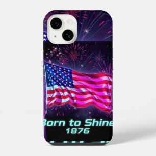 Coque Pour iPhone 14 Né pour briller – Drapeau américain néon Glitch 17