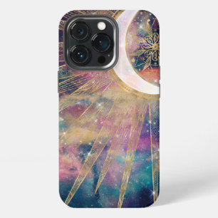 Etui iPhone 13 Pro Nébuleuse colorée Mandala Soleil Lune Doodles Or
