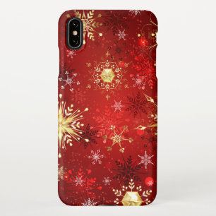 Coque iPhone XS Max Noël Golden Snowflakes sur Arrière - plan rouge