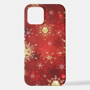 Coque iPhone 12 Noël Golden Snowflakes sur Arrière - plan rouge