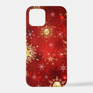 Coque iPhone 12 Pro Noël Golden Snowflakes sur Arrière - plan rouge