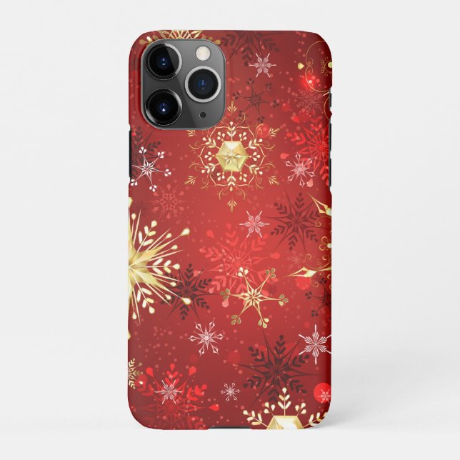Coque iPhone Noël Golden Snowflakes sur Arrière - plan rouge (Dos)