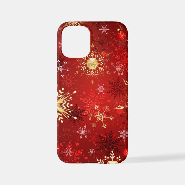 Coque iPhone Noël Golden Snowflakes sur Arrière - plan rouge (Verso)