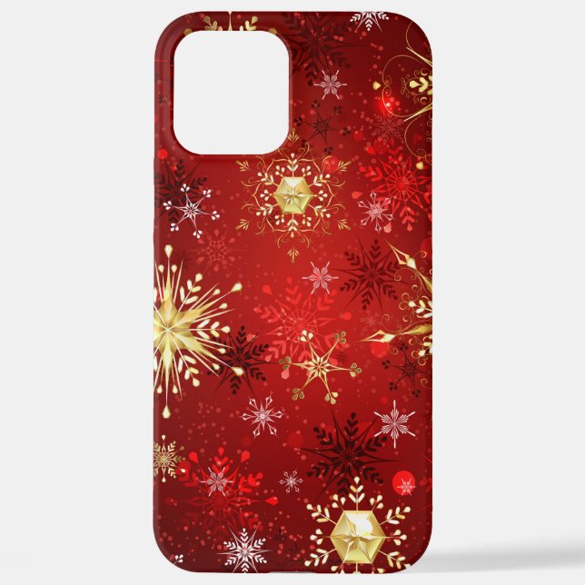 Coque iPhone Noël Golden Snowflakes sur Arrière - plan rouge (Verso)