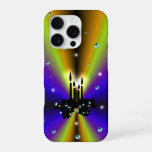 Coque iPhone 16 Pro Noël sur arc-en-ciel jaune violet avec perles
