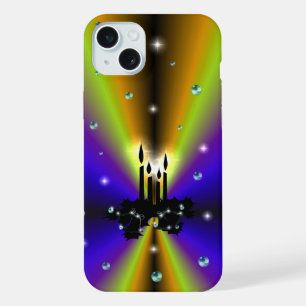 Coque iPhone 15 Plus Noël sur arc-en-ciel jaune violet avec perles