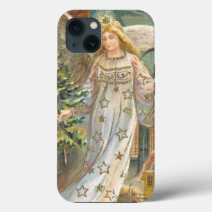 Etui iPhone 13 Noël vintage, ange victorien avec arbre