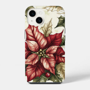 Coque Pour iPhone 14 Noël vintage crème poinsettia houx