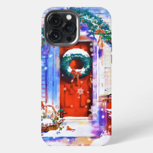 Etui iPhone 13 Pro Max Noël Vintage Hiver Rouge Porte Maison Aquarelle