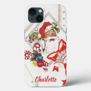 Etui iPhone 13 Noël vintage, Père Noël avec Cannes de Bonbon