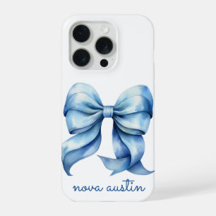 Coque iPhone 15 Pro Nœud Bleu Tendance Personnalisé Avec Nom Monogramm