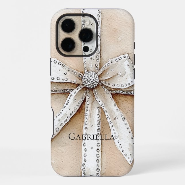 Coque iPhone Nœud Glitzy Glam Argent Blanc Crème (Verso)