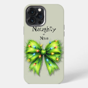 Etui iPhone 13 Pro Max Nœud pelucheux vert festif - Lumières Naughty or N