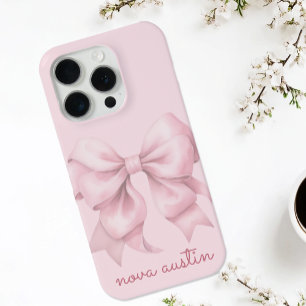Coque iPhone 15 Pro Nœud Rose Tendance Personnalisé Avec Nom Monogramm