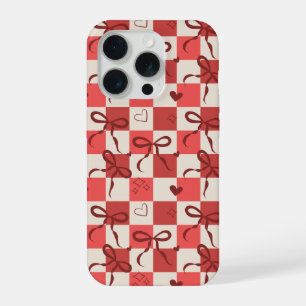 Coque iPhone 15 Pro Nœud Rouge Mignon & Motif Damier à Cœurs