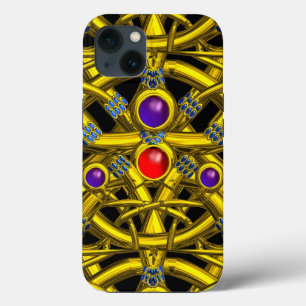 ETUI iPhone 13 NOEUDS CELTIQUES D'OR ABSTRAITS AVEC PIERRES COLOR