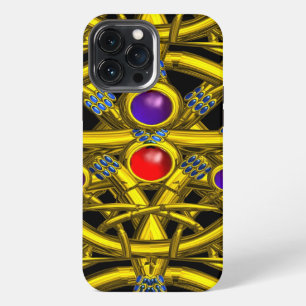 ETUI iPhone 13 PRO MAX NOEUDS CELTIQUES OR ABSTRAITS AVEC PIERRES PRÉCIEU