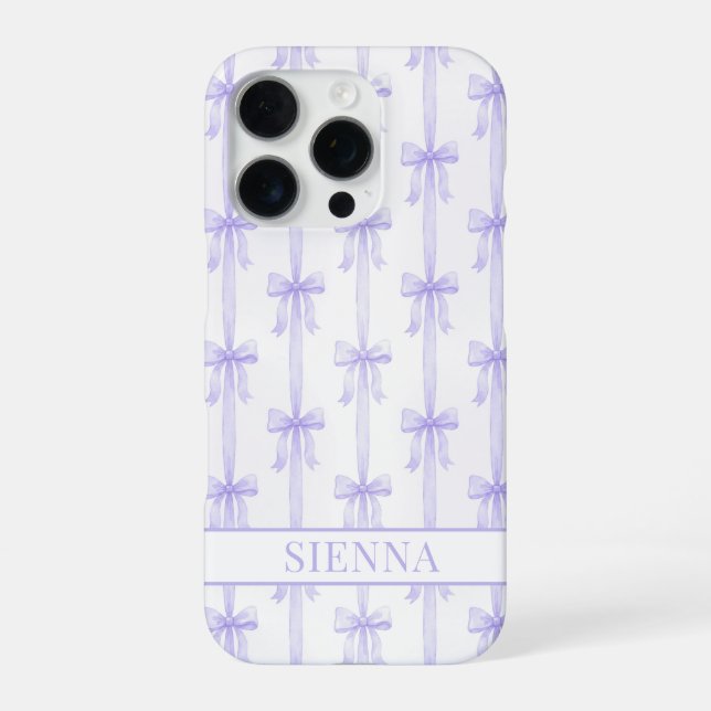 Coque iPhone Nœuds Coquette Violets Monogrammes Rayés (Verso)