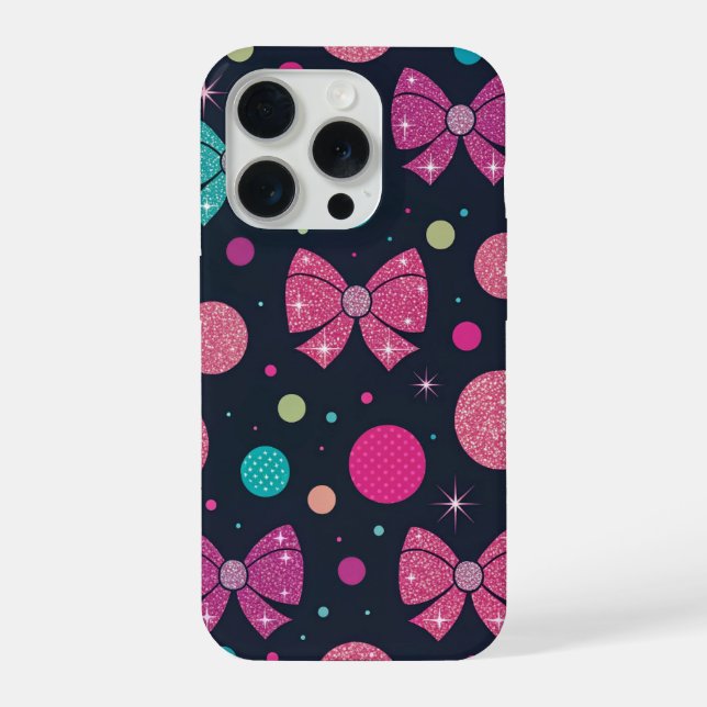 Coque iPhone Nœuds Pailletés Rose Sarcelle Vibrants & Motif à P (Verso)