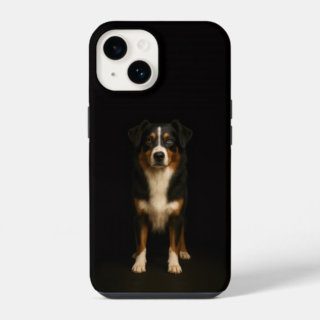 Coque iPhone Noir 4 Luxe iPhone 14 Mate, Aussie Shepherd (Verso)
