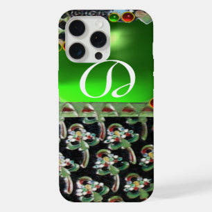 Coque iPhone 15 Pro Max NOIR ART VERT NOUVEAU MONOGRAM EN PIERRE GEMME Éme