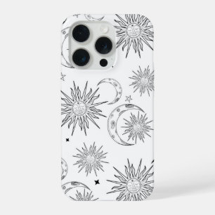 Coque iPhone 15 Pro Noir & Blanc Fantaisiste Soleil Lune & Étoiles