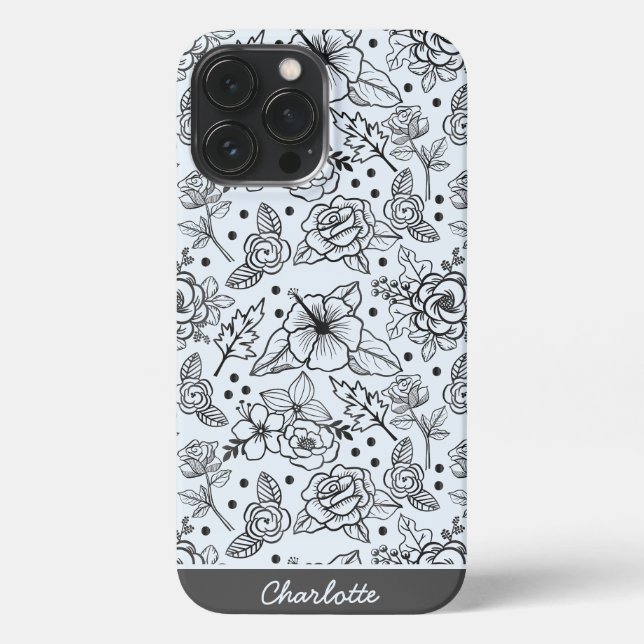 Coque iPhone Noir & blanc floral sans soudure motif avec nom (Verso)