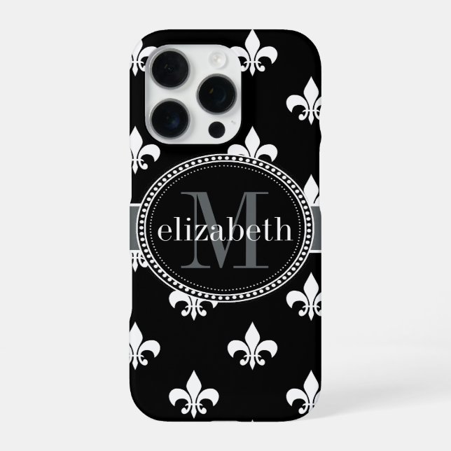 Coque iPhone Noir Blanc Gris Fleur de Lis Monogramme (Verso)