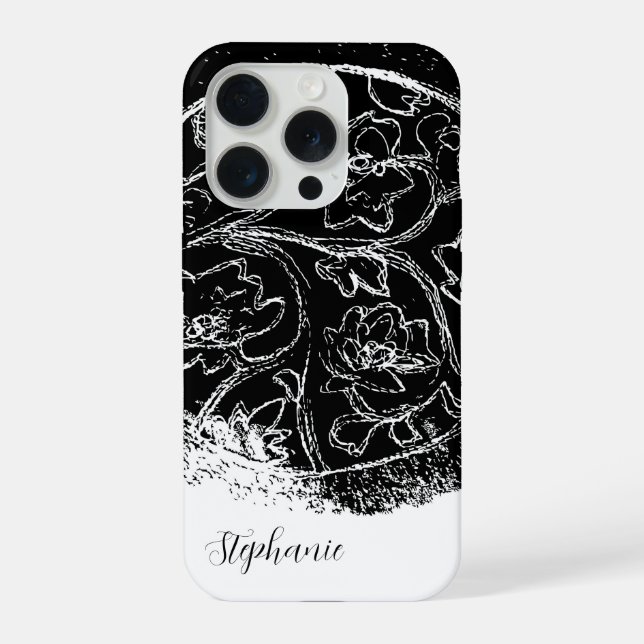 Coque iPhone Noir blanc nom script ligne art floral graphique (Verso)