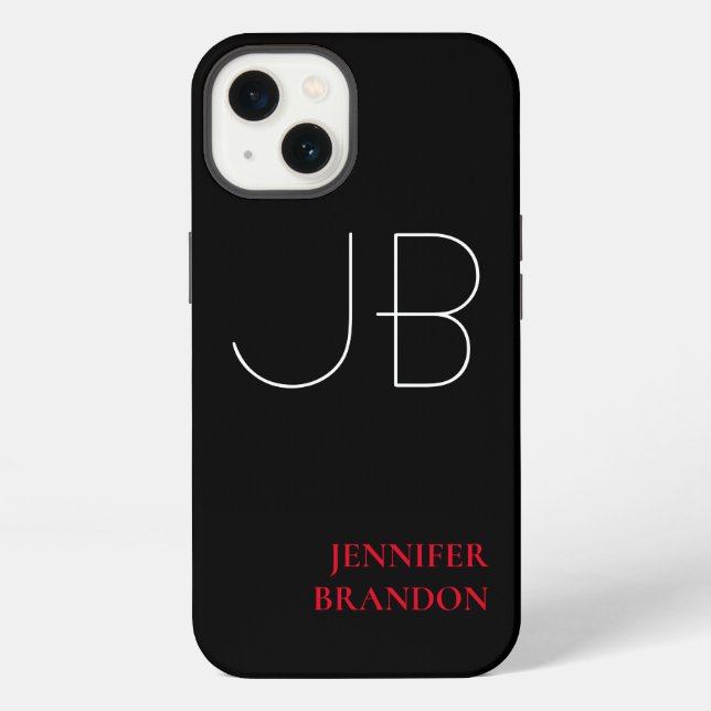 Coque iPhone Noir Blanc Rouge Chic Monogramme Ajouter Nom (Verso)