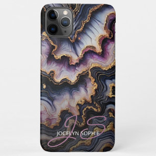 Coque iPhone 11Pro Max Noir Bleu violet violet or Marbre Motif d'art
