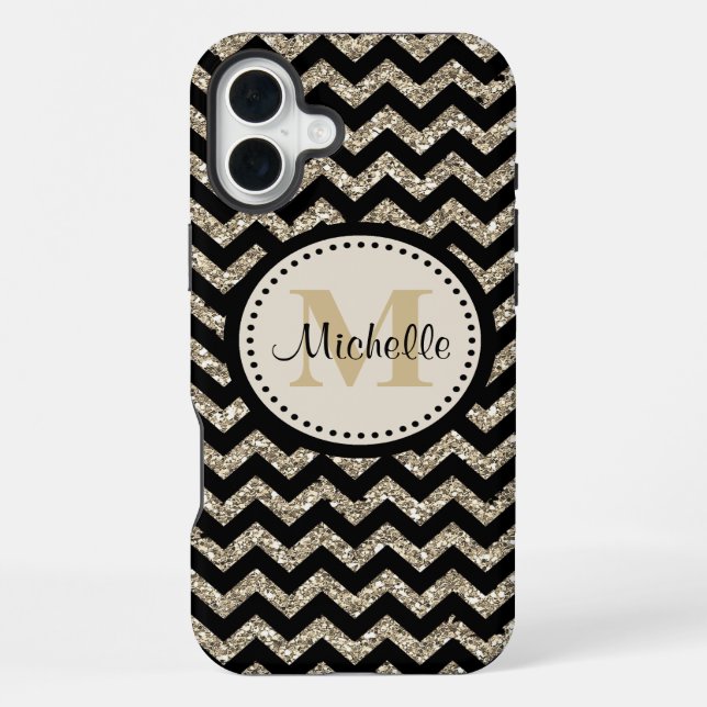 Coque iPhone Noir Chevron Silver Monogramme or (Verso)