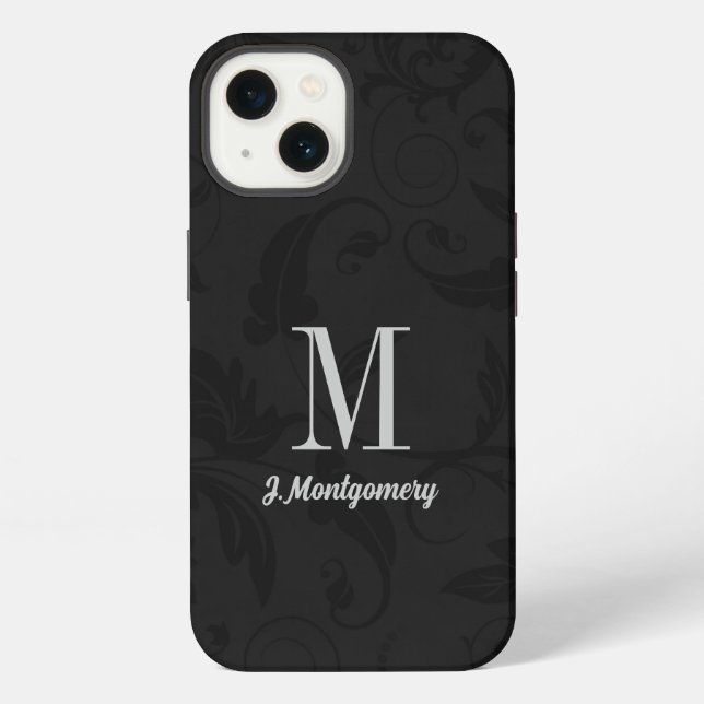 Coque iPhone Noir Damassé Classique Monogrammé (Verso)