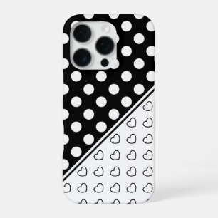 Coque iPhone 16 Pro Noir Et Blanc Élégant À Points Et Cœurs