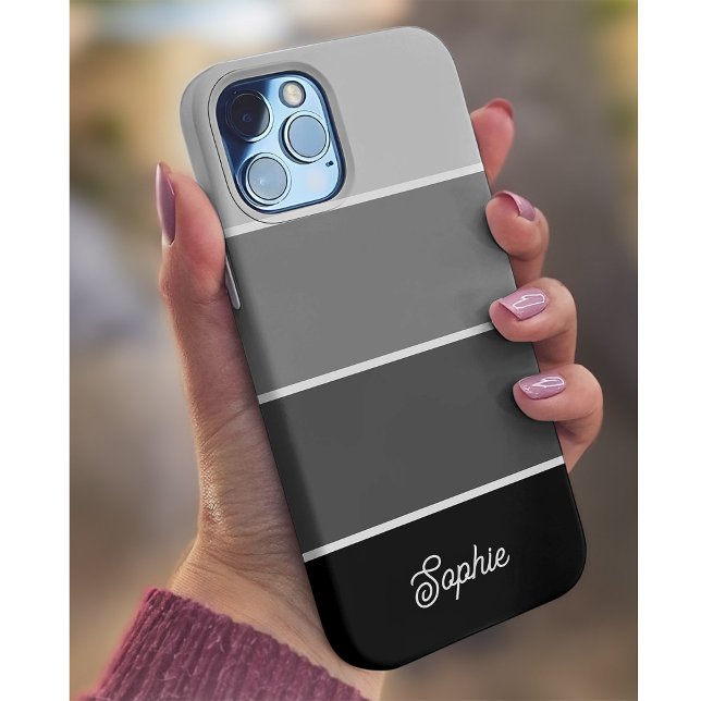 Coque iPhone Noir et gris | Ombre Stripes avec script (A trendy striped neutral black and gray phone case with your name in script)