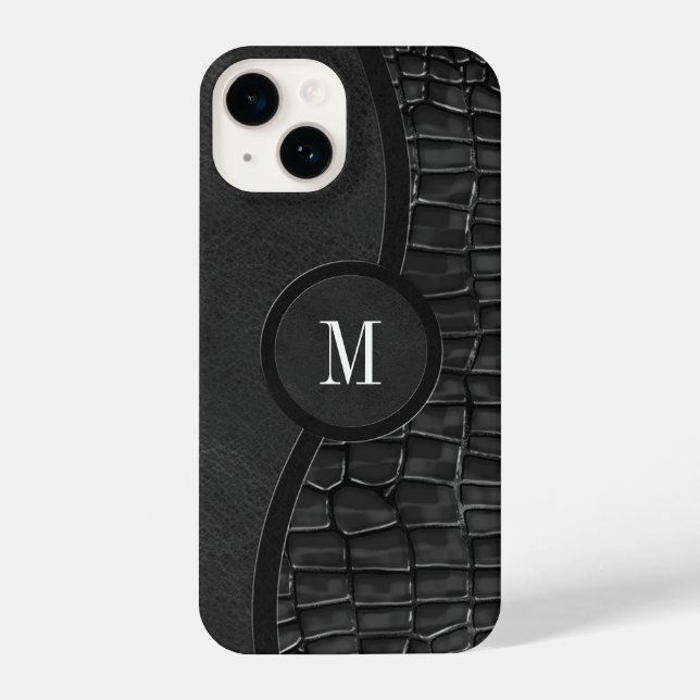 Coque iPhone Noir Faux Alligator Cuir Peau Luxe Monogramme (Verso)