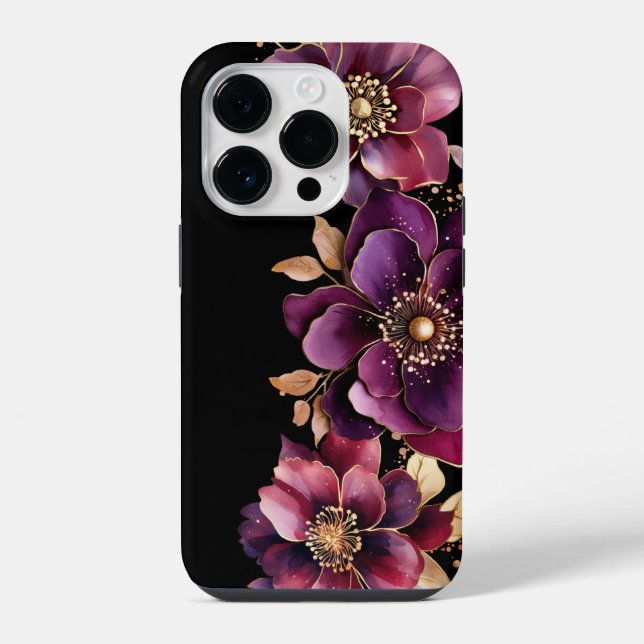 Coque iPhone Noir Fleur Or Pourpre (Verso)