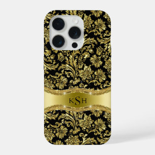 Coque iPhone 15 Pro Noir & Métallic Or Floral Damas Monogramme