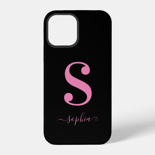 Coque iPhone Noir minimal avec Monogramme rose Nom du script (Verso)