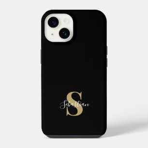 Coque Pour iPhone 14 Noir & Or Monogramme Initial Nom Personnalisé