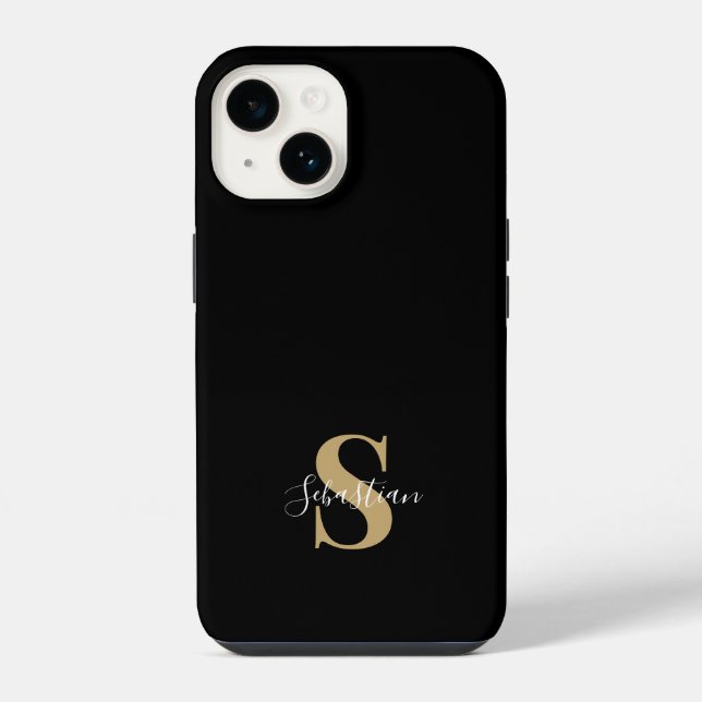 Coque iPhone Noir & Or | Monogramme Initial Nom Personnalisé (Verso)