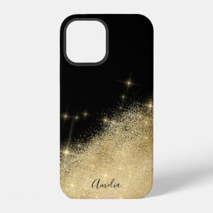 Coque iPhone 12 Noir pailleté or élégant personnalisé